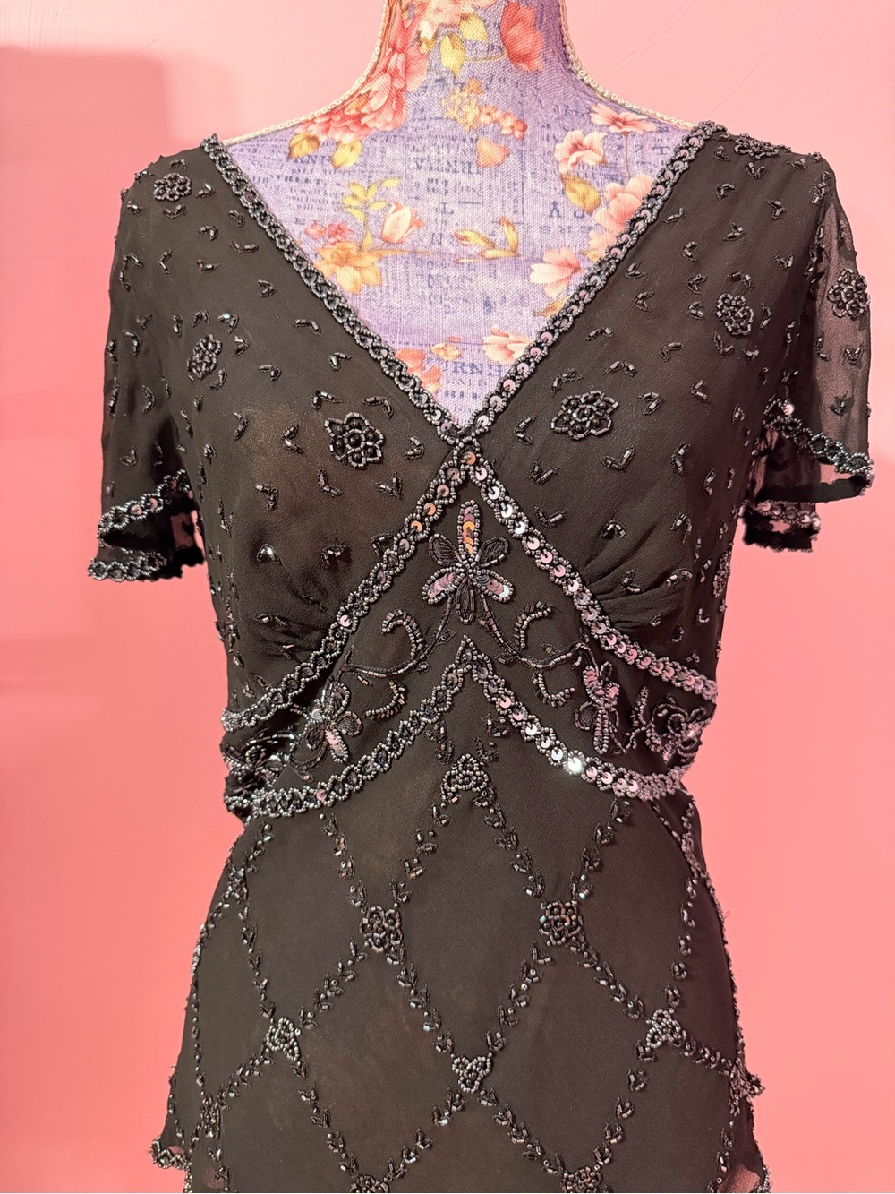 Adrianna Papell Boutique Black Chiffon Beaded Sequin V-Neck Fairy Top - Size XL - Picture 2 of 8